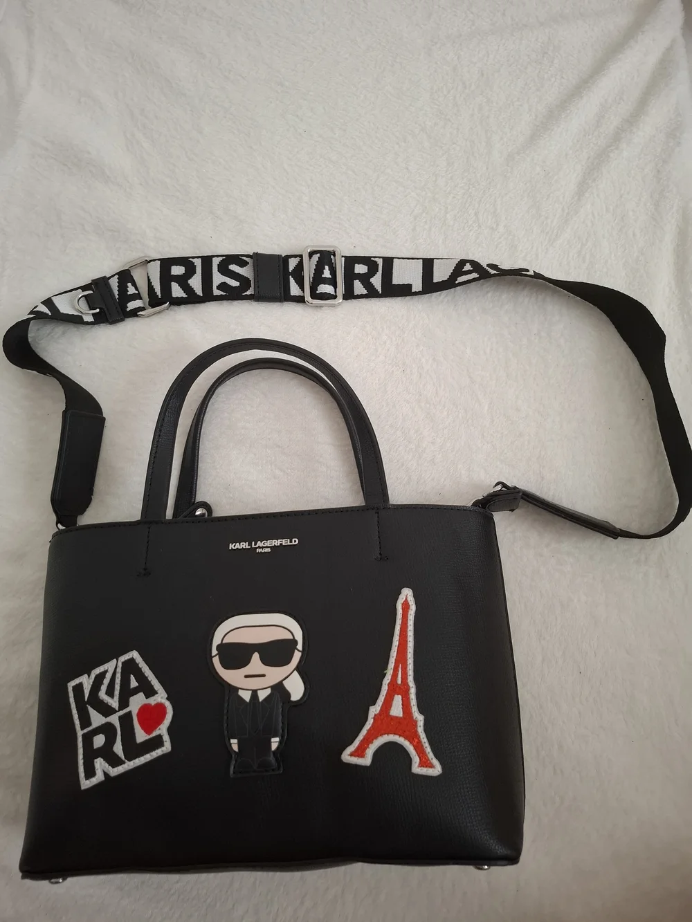 Karl Lagerfeld Black Patch-Accent Messenger Tote with Logo Strap